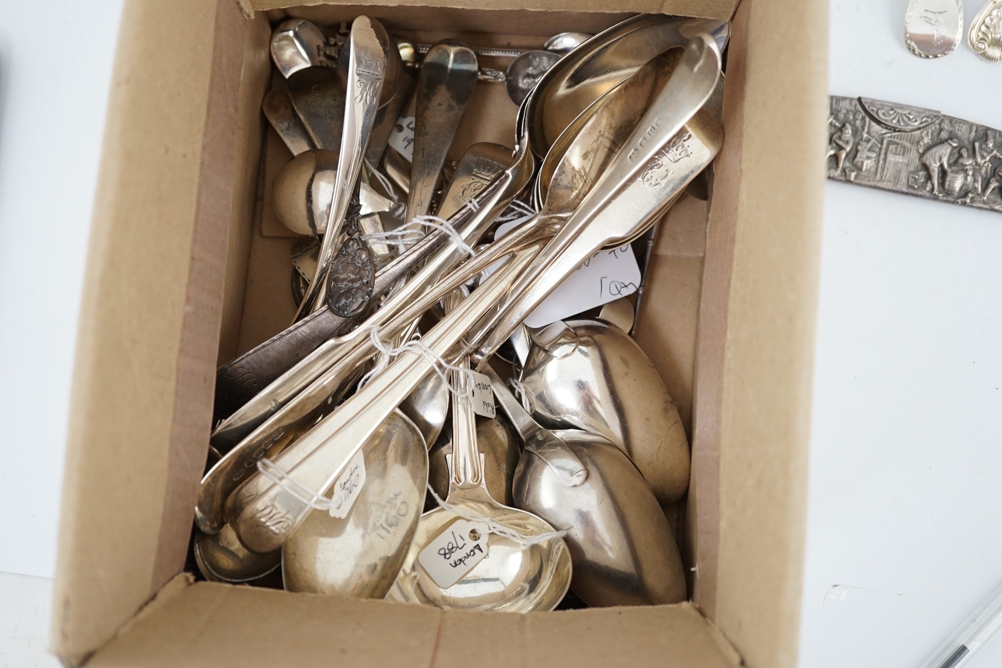 A collection of assorted 18th century and later silver flatware, including table spoons, teaspoons, sauce ladles, sifter spoon, etc. various patterns, dates and makers, 47.9oz, together with nine sterling or white metal